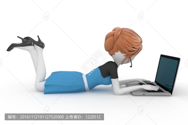 3D女孩在筆記本電腦上工作
