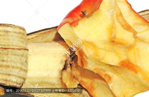半吃的宏；腐爛的蘋果和香蕉；淺自由度；白色