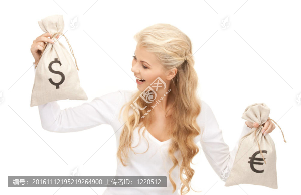 有歐元和美元袋的女人