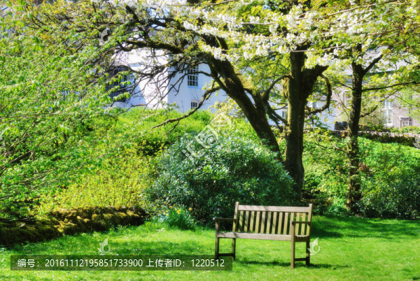 在一個英語國家的花園的長椅上