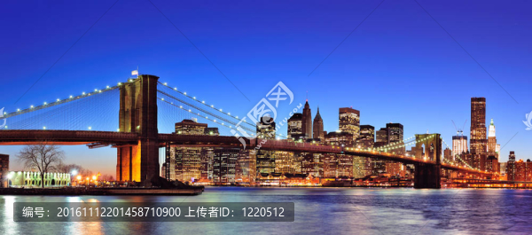 布魯克林大橋與紐約市的市中心天際線全景在黃昏照亮了東河與蔚藍的天空。