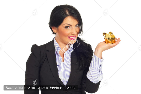 快樂的商業(yè)婦女抱著小豬存錢罐