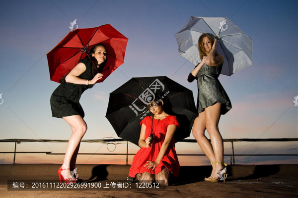 三個性感的小雞在屋頂上擺著雨傘