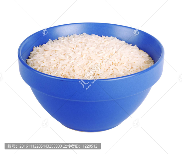 未煮過的大米在一個(gè)陶瓷碗白藍(lán)分離的B