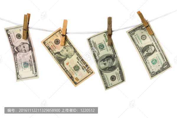 掛在白色背景上的繩子上的美元。概念圖。