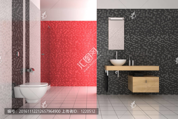 現(xiàn)代浴室用黑色；紅色和白色瓷磚