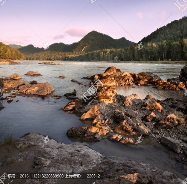 河上美麗的黃昏風(fēng)景。阿爾泰山。