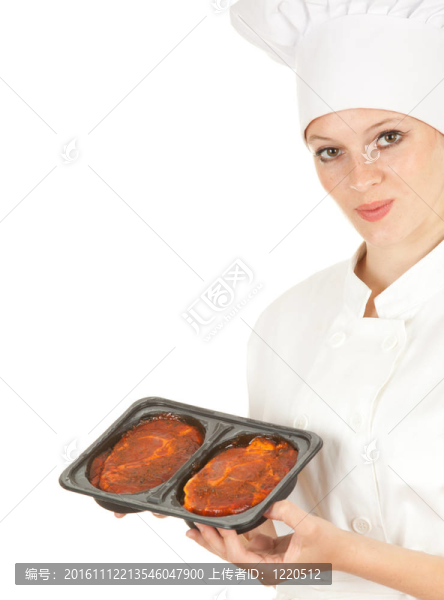女廚師白色制服和帽子的肉；系列