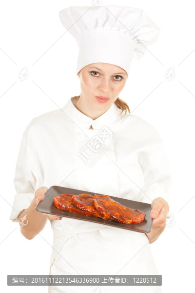 女廚師白色制服和帽子的肉；系列