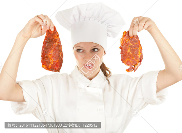 女廚師白色制服和帽子的肉；系列