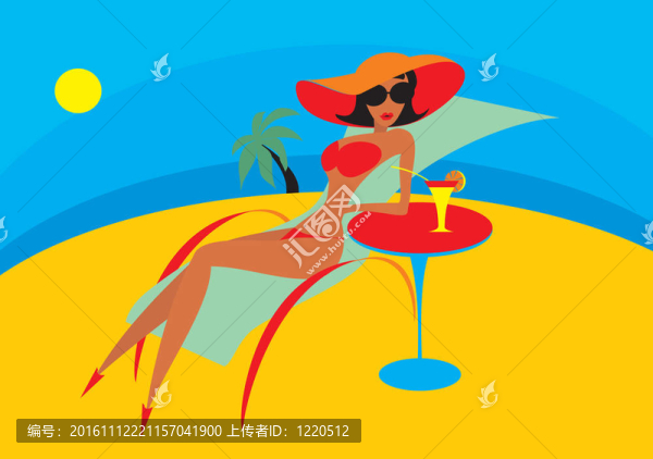 在一個(gè)躺椅在海灘上的年輕女子