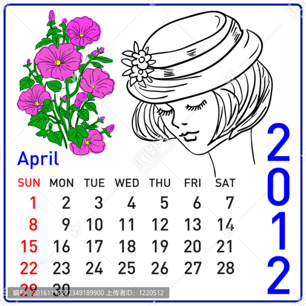 2012年日歷。四月。