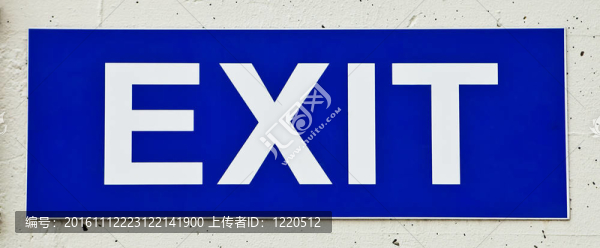 在白色墻壁上的藍(lán)色矩形板白色出口文本。