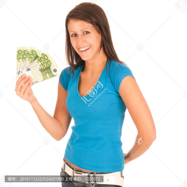 漂亮的年輕女孩手里拿著鈔票