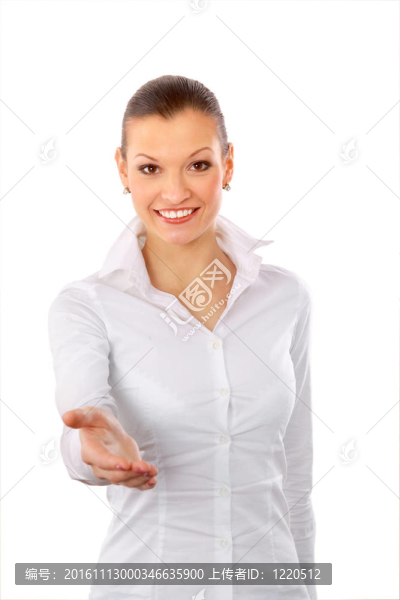 一個女人的肖像與開放的手準(zhǔn)備密封交易