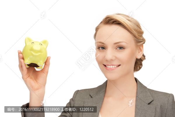 可愛的女人與小豬銀行