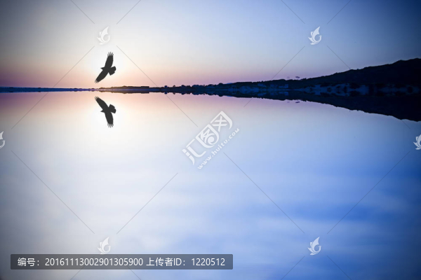 山脈和藍(lán)色地平線上的鳥剪影