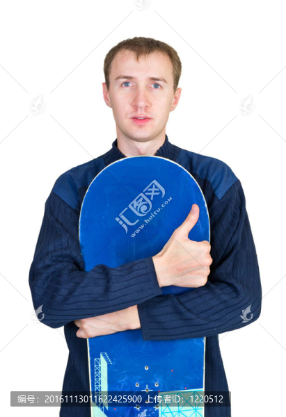 肖像，英俊的男孩在運(yùn)動(dòng)服與滑雪板分離啊