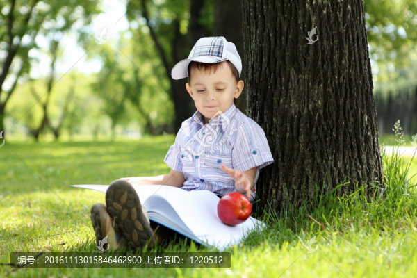 一個男孩在公園里拿著一本書的肖像
