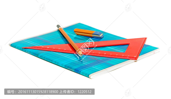 筆記本；鉛筆；白色背景上的橡皮擦和尺子