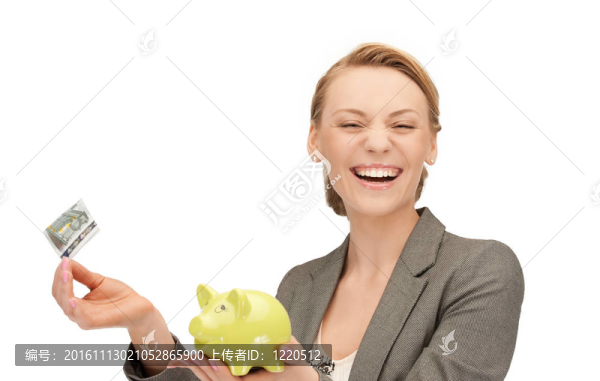 可愛的女人與儲蓄罐和錢