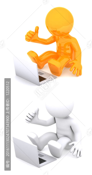 3D字符坐在地板上使用筆記本電腦。
