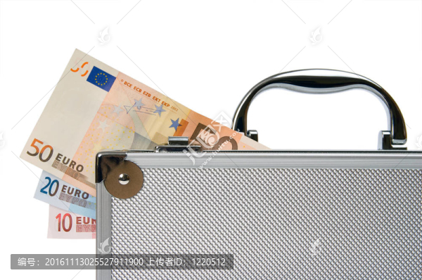 歐元現(xiàn)金在銀手提箱中分離