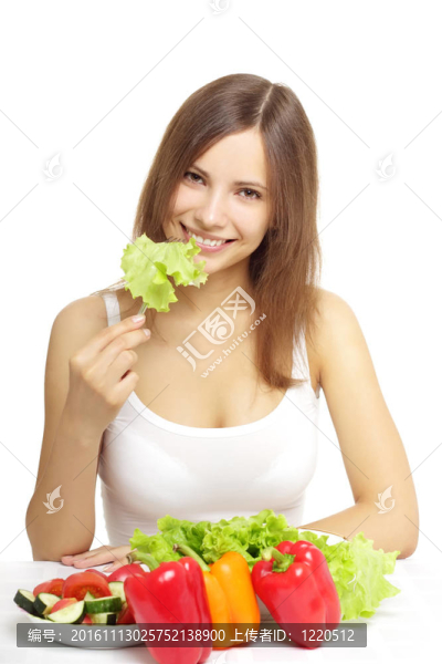 年輕女子吃健康沙拉白