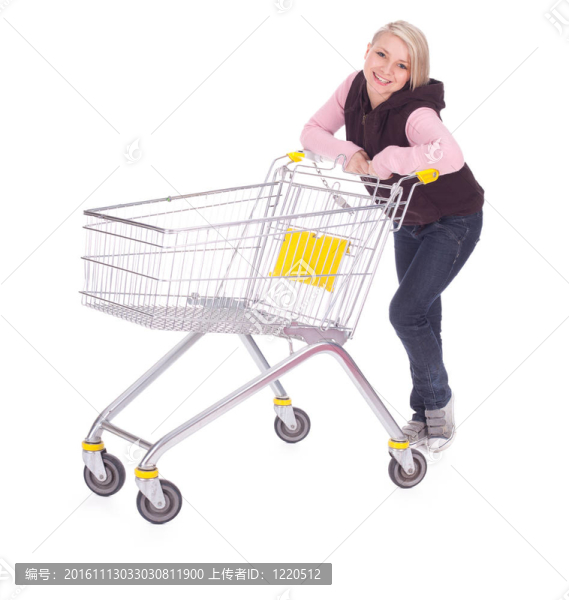 站立的年輕女子空購(gòu)物車