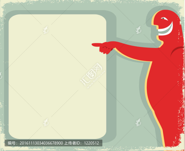 笑海報(bào)。指向背景文字的人。