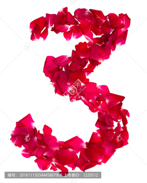 粉紅玫瑰花瓣形成數3