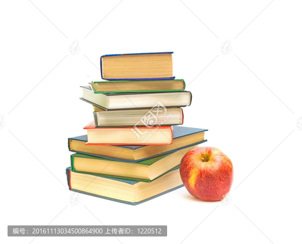 大紅色蘋果和白色背景書籍