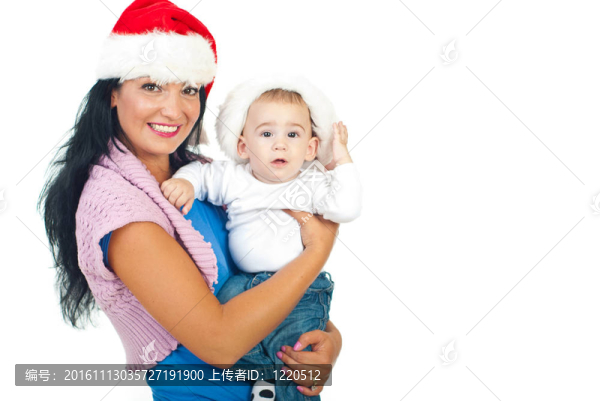 母親和嬰兒的兒子Santa帽子
