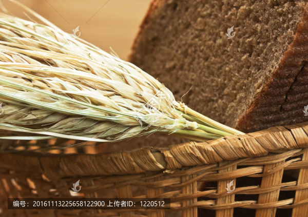 黑麥面包和玉米的耳朵在籃子里