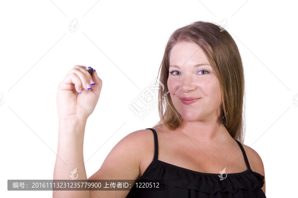 可愛的女人與一個(gè)標(biāo)記在白色背景的寫作