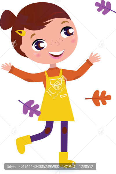 可愛(ài)的奔跑的孩子秋天的葉子與白色分離