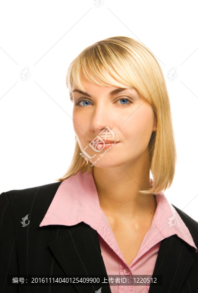 漂亮的金發(fā)和藍(lán)眼睛的女商人孤立在白色背景