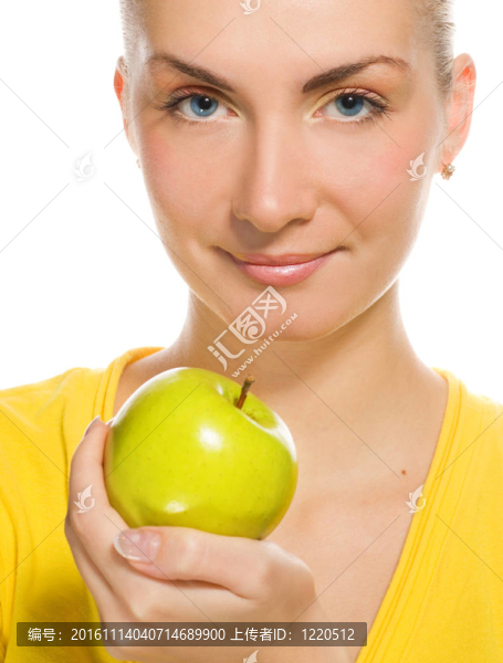 可愛的女孩與多汁的綠色蘋果