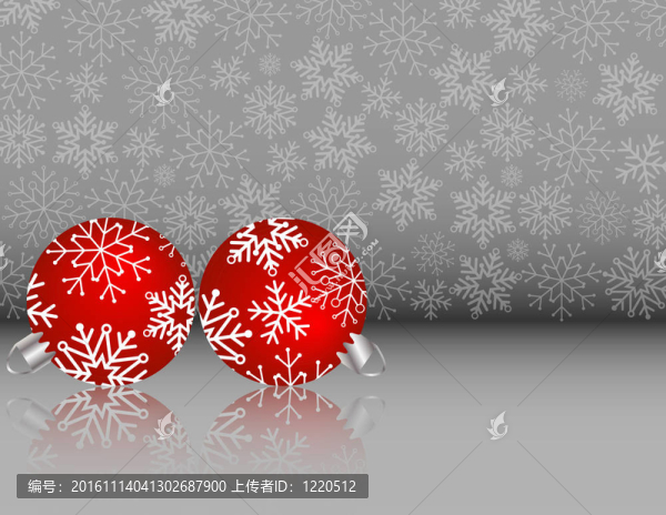 銀色雪花背景下的紅色圣誕飾品