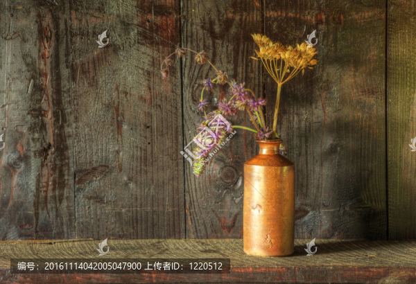 靜物畫的干燥花瓶在鄉(xiāng)村花瓶對(duì)風(fēng)化木背景