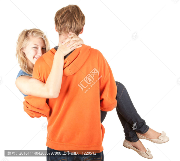 年輕夫婦；男朋友抱著女孩；白色背景