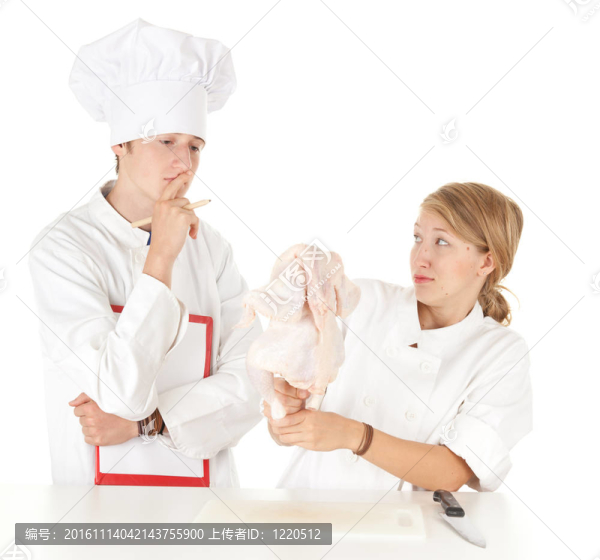 廚師團隊在白色制服準(zhǔn)備生雞肉；系列