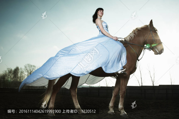 美麗的女人騎著一匹棕色的馬