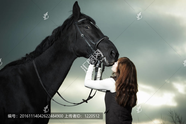 美麗的年輕女子與黑馬