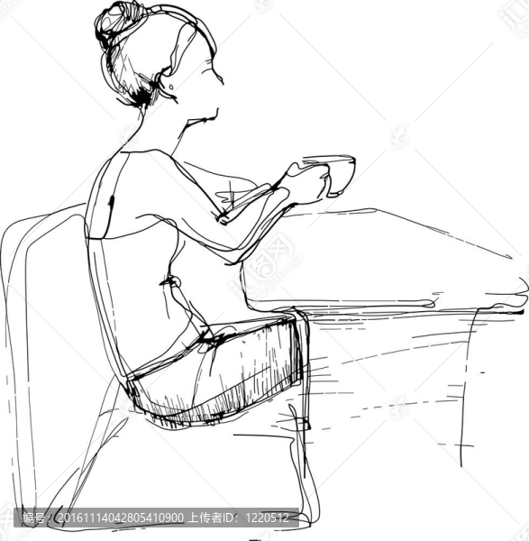 素描女孩在桌上喝茶