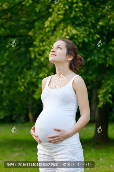 美麗的孕婦在公園里放松