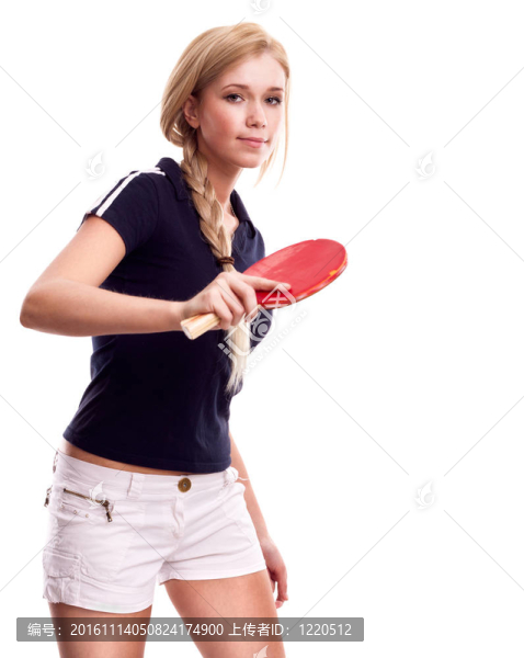 年輕女子與球拍乒乓孤立的白色