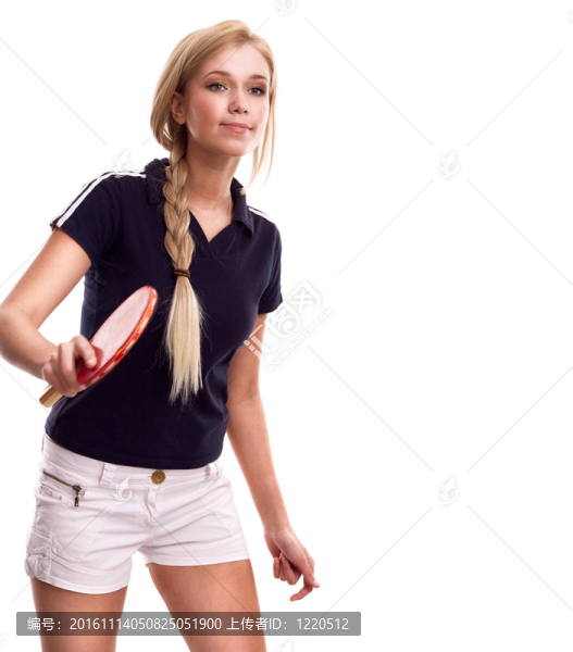 年輕的運(yùn)動(dòng)女子與球拍乒乓孤立的白色