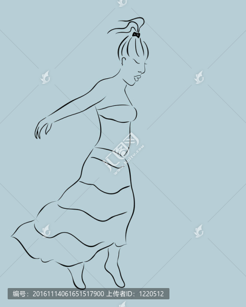 穿裙子的漂亮女孩；素描