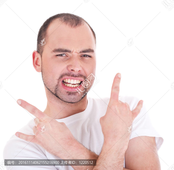 年輕人唱歌和做搖滾符號(hào)IND的肖像